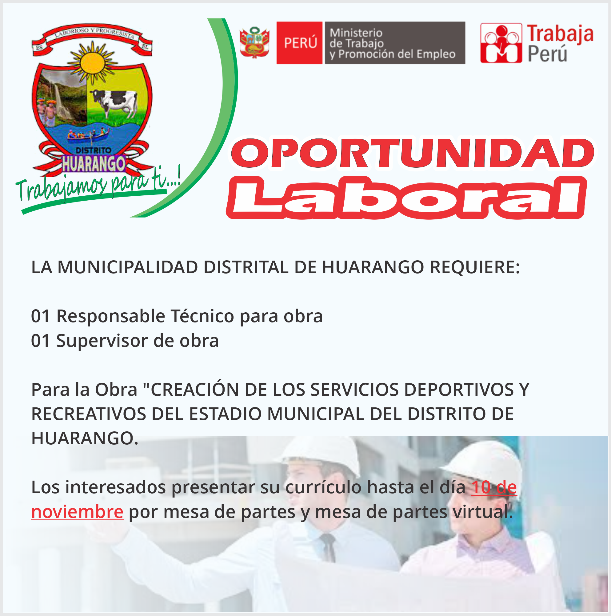 CONVOCATORIA – OPORTUNIDAD LABORAL